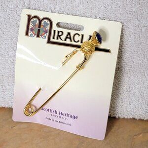 NWT Miracle Scottish Heritage Kilt Pin Gold Blue Gemstone BEAUTIFUL 4"